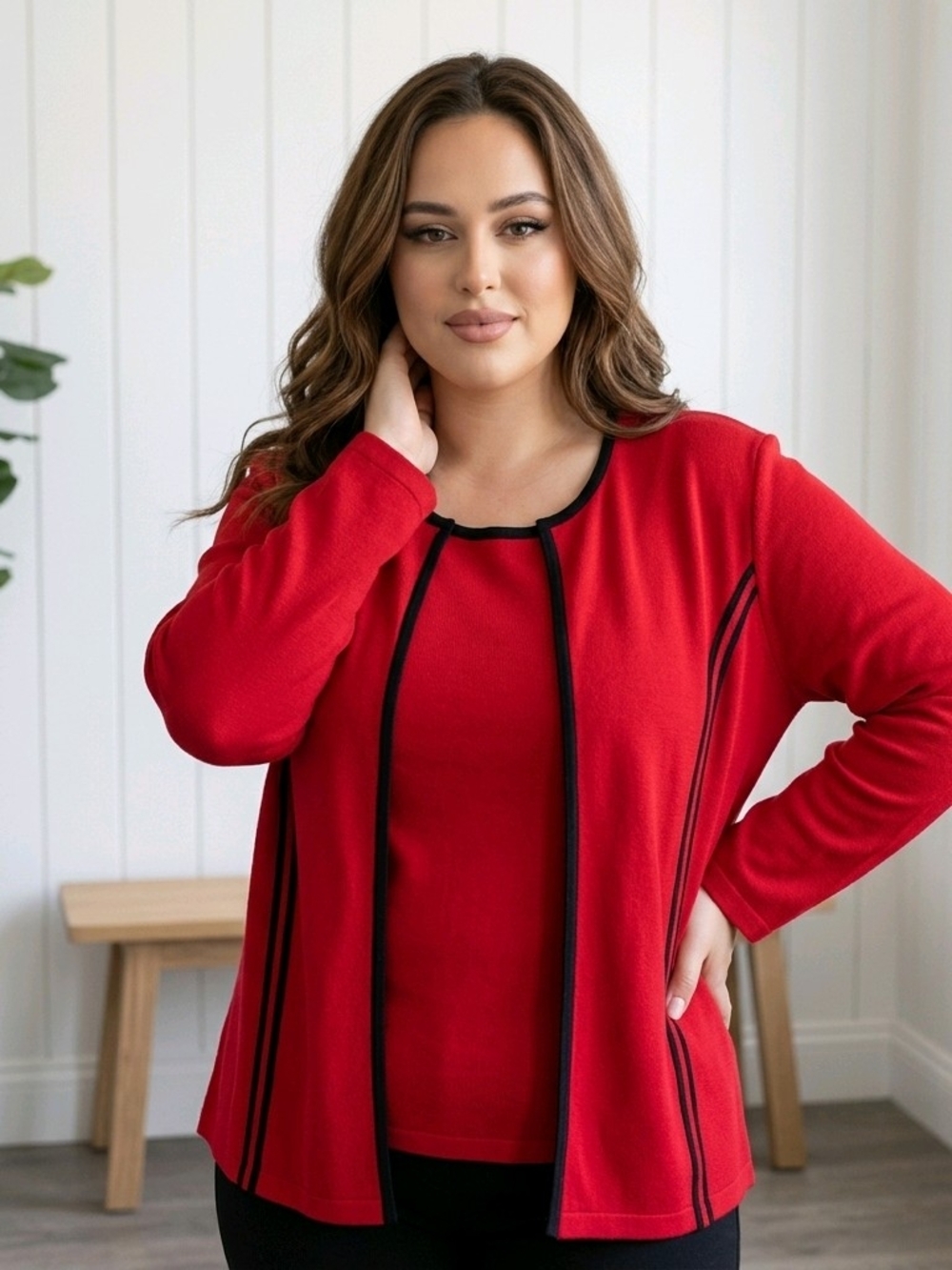 Misook Red Knit Two-Piece Set with Navy Trim